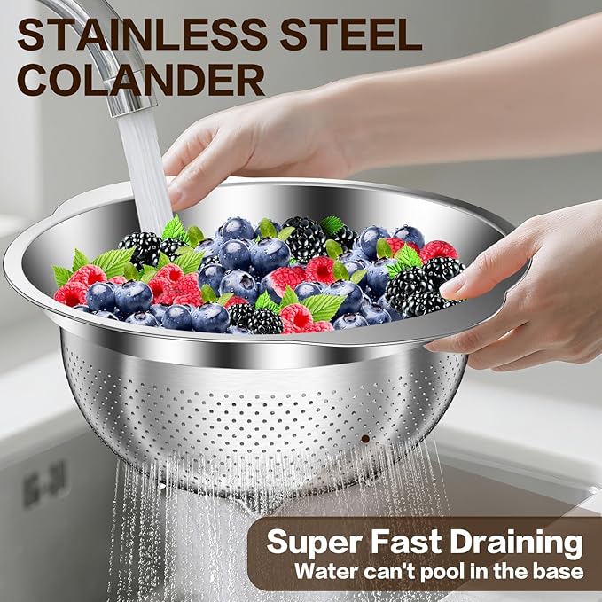 Stainless Steel Strainers for Kitchen, Stainless Steel Colander, Kitchen Strainer for Pasta Fruit Veggie Hot Food, 2 Pack Strainers and Colanders(2QT & 3QT), Dishwasher Safe, Silver