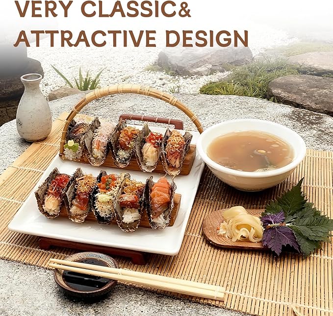 Wooden Taco Holder Stand for Sushi Hand Roll, Temaki & Sushi Roll – 1/2/3/5 Slot Sushi Display Tray, Natural Wood Serving Platter (2 pcs per Pack) (3 Slot (2 pcs))
