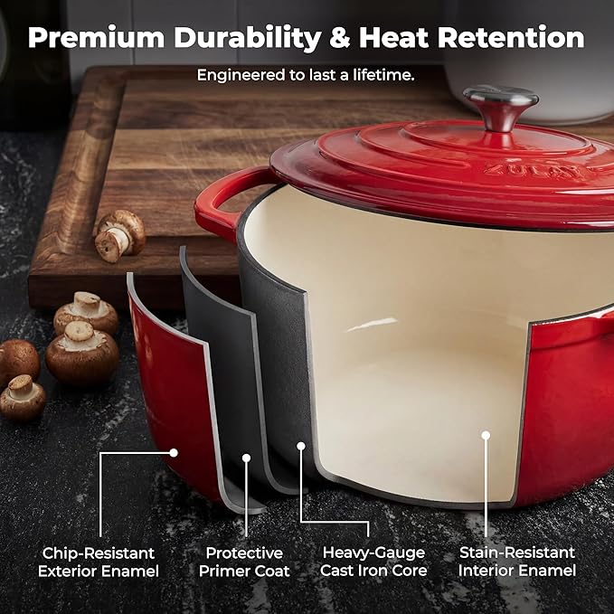 Zulay Kitchen 7.7 Quart Enameled Cast Iron Dutch Oven Pot with Lid – Premium Durability & Oven Safe up to 500°F – Heavy Duty Cookware Perfect for Bread Baking, Stews, Braising & Roasting – Ablaze Red