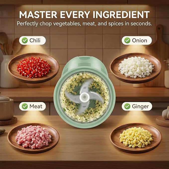 New Upgraded Dual-Cup Electric Garlic Chopper,Electric Mini Garlic Chopper, Portable Wireless Food Processor for Vegetables, Onion, Ginger, Chili, Meat – Rechargeable, Splash-Proof, Light Green