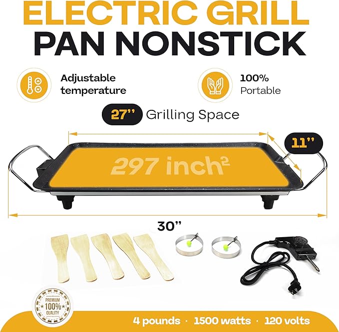 Premium Electric Griddle 27" - Smokeless Indoor Grill - Portable & Nonstick Electric Grill for Outdoor Use - Large Electric Griddle Nonstick with Adjustable Temperature & Even Heating by IDL Packaging