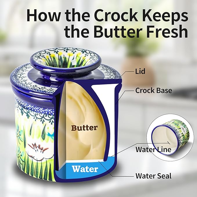 French Butter Crock with Lid for Countertop,Handpainted Floral Butter Keeper with Water Seal Line, Farmhouse Ceramic Butter Container Airtight for Soft Spreadable Butter,Housewarming Gifts