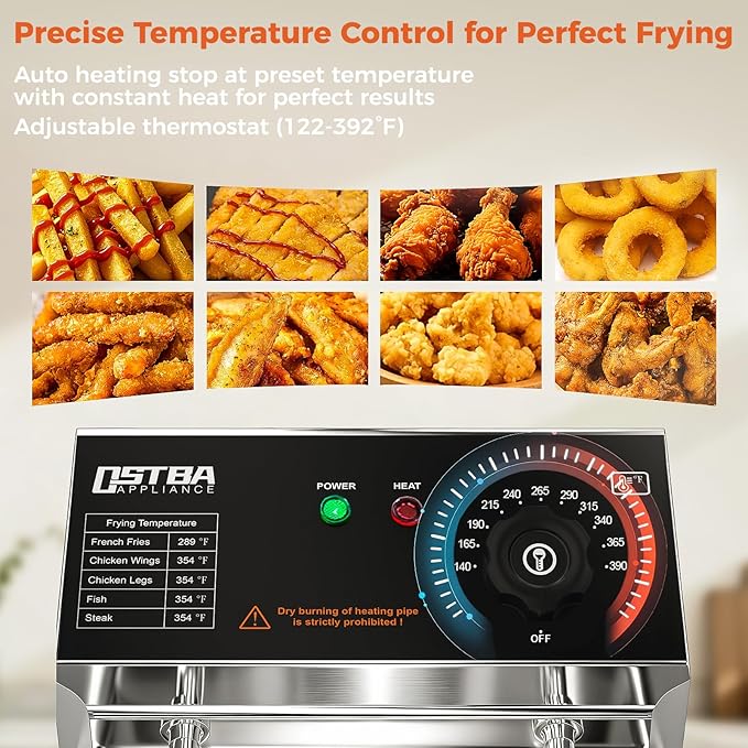 OSTBA Electric Deep Fryer with Basket, 20.7QT Large Commercial Deep Fryer, 3200W Stainless Steel Countertop Fryer with Adjustable Temperature 140–390℉, Removable Basket & Oil Tank