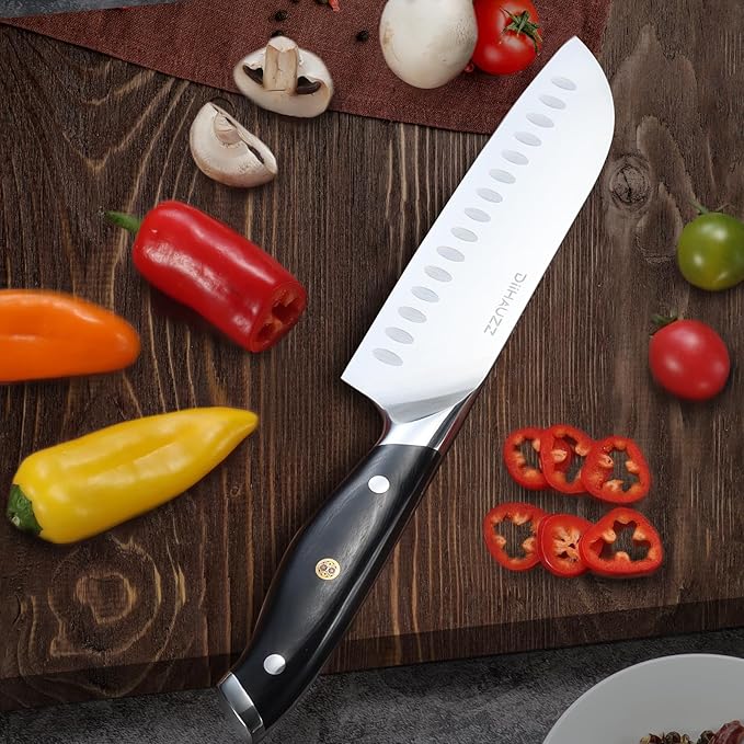 Chef Knife, 7 Inch Ultra Sharp Japanese Santoku Knife, High Carbon Steel Forged Professional Kitchen Knife with Full Tang Triple-Riveted Ergonomic Handle for Slicing, Chopping, Dicing