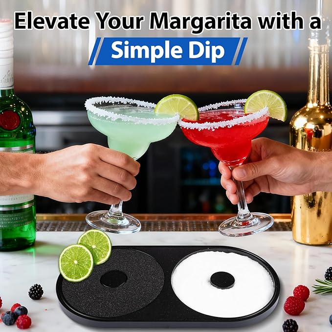Margarita Salt Rimmer Set, 1 Pack Bar Salt and Sugar Rimmer with Sponge, 2-in-1 Bar Glass Cocktail Rim Set, Dishwasher Safe Black Barware Tools for Margarita Mojitos (Black)
