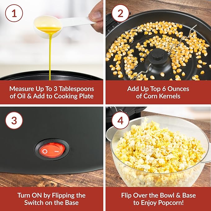 Nostalgia 6-Quart Stirring Popcorn Popper - Quick-Heat Technology - Makes 24 Cups of Popcorn - Includes Kernel Measuring Cup - Perfect for Birthday Parties, Movie Nights, and More - Black Original