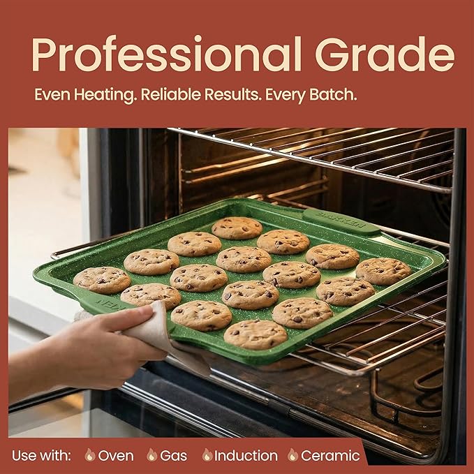 BAKKEN Kitchen Baking Pan Set - Nonstick Green Marble Coating, Carbon Steel Bakeware Sets with Green Silicone Handles, Kitchen Essentials, PFOA, PFOS, PTFE Free, Oven Safe (Up To 450° F), Set of 8