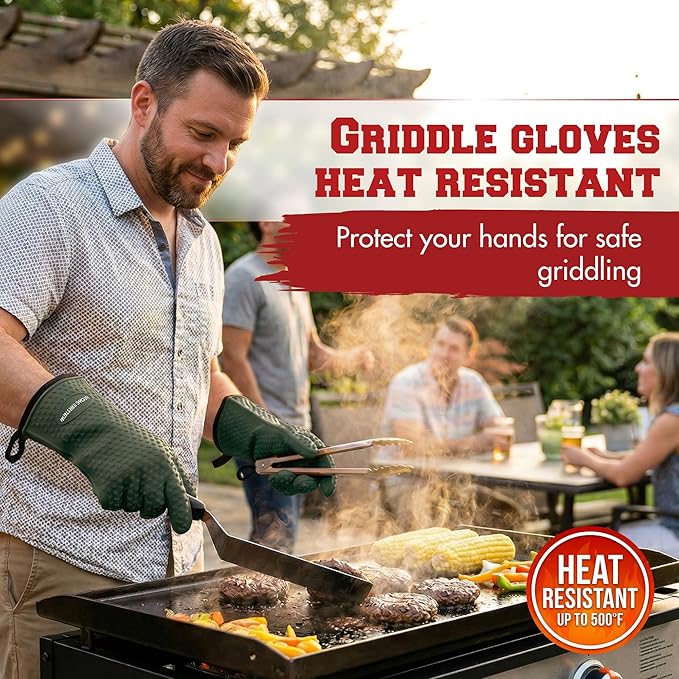 KITCHEN PERFECTION XL Silicone Oven & Griddle Gloves -Extreme Heat Resistant BBQ & Grilling Gloves -Handle Hot Food Right on Your Griddle |Waterproof Oven Mitts Grill Gloves |Superior Set+3 Bonuses