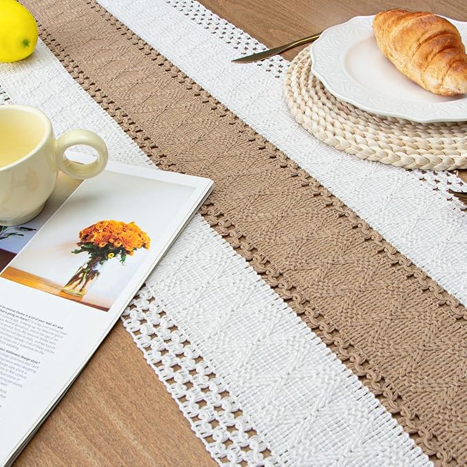 FEXIA Boho Table Runner for Home Decor with Out Tassels 72 Inches Long Farmhouse Rustic Table Runner Macrame Burlap Table Decoration for Living Room Bridal Shower(12x72 Inches)
