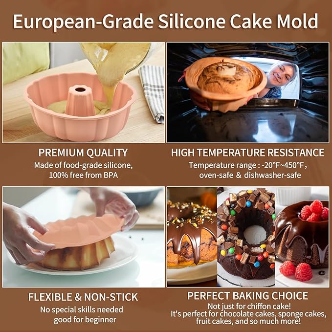 PADELE 2 Pack Silicone Cake Pan Nonstick,10 Inch, Silicone Cake Molds,Pound Cake Pan, Baking Cake Pan for Jello,Gelatin,Cake,Brownie and Bread（Red+Blue）