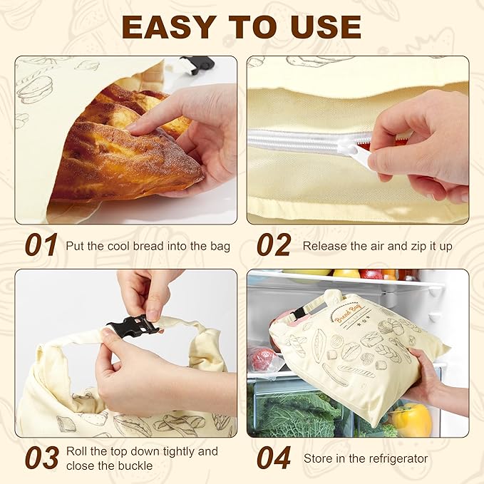 BuyCard 2 Packs Bread Bag Reusable Beeswax Food Storage Bag, Natural Cotton with Bread Pattern Design, Zipper Reusable Bread Bags for Homemade Loaf, Large Size for Fresh Baked Goods Storage