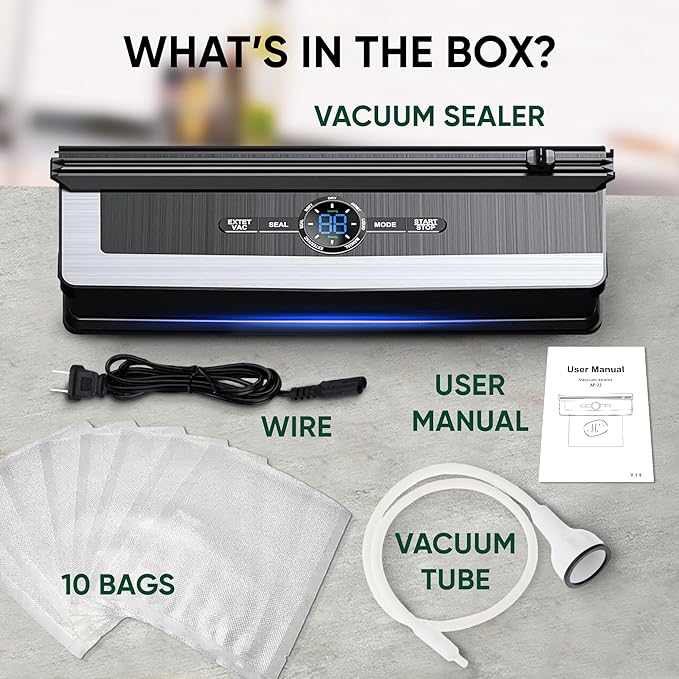 Vacuum Sealer Automatic Air Sealing Food Vacuum Sealer Machine for Dry and Moist Food, Includes 10 Sealer Bags for Food, 14.9*7.2*3.5, Silver