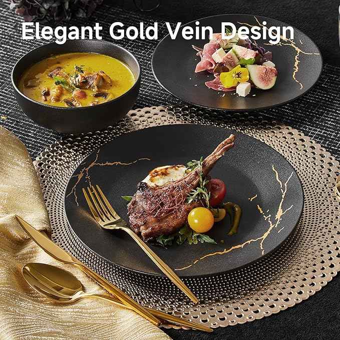 KINGSTONE Dinnerware Sets for 6 Porcelain Plates and Bowls Sets 18 Piece Matte Black with Gold Vein Dish Set Scratch Resistant Dinner Salad Plate Dishware for Wedding Party Daily