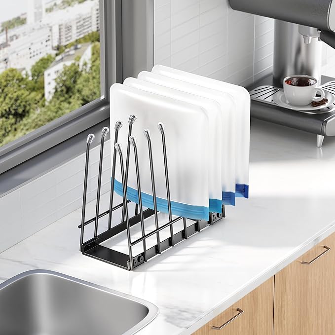 Reusable Bag Drying Rack, Foldable Metal Stand for Reusable Ziplock & Silicone Storage Bags, Rustproof Kitchen Dryer, Black