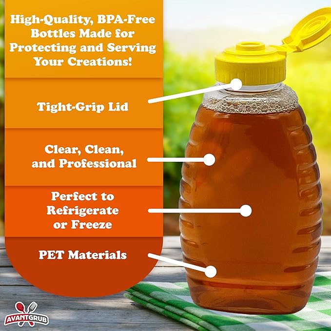 Easy-Squeeze 6 Pk 12 Oz Empty Honey Bottles. BPA-Free Food-Safe PET Plastic Honey Dispenser. Flip-Top Refillable Syrup Container. Great for Storing and Serving BBQ, Pasta Sauces or Salad Dressings.