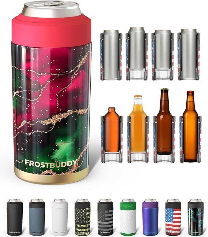 Frost Buddy Universal Can Cooler - Fits all - Stainless Steel Can Cooler for 12 oz & 16 oz Regular or Slim Cans & Bottles - Stainless Steel (Merry Marbleous)