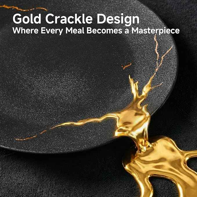 KINGSTONE Porcelain Dinnerware Sets for 8 | 24 Piece Plates and Bowls Sets Kitchen Dishes Scratch Resistant Matte Black Gold Vein Dinner Salad Plate Dishware for Party Daily Wedding