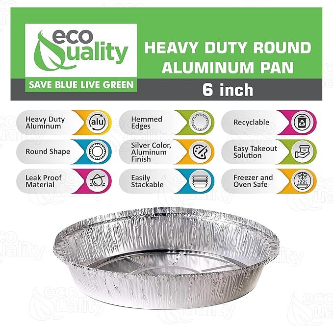 EcoQuality 6" Round Aluminum Foil Pans - Disposable Containers with Foldable Walls for Pie Baking, Cooking, Serving, Reheating, and Storing - Freezer and Oven Safe Tart Pan 100 Pack