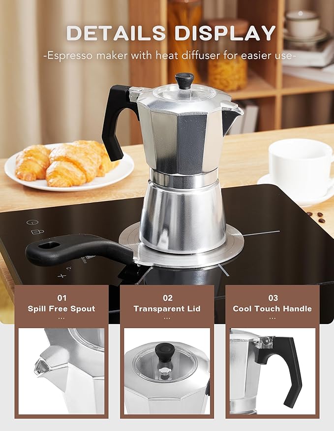 2Pcs - 1 Moka Pot Espresso + 5.5 Inch Stainless Steel Induction Plate Adapter, 6 Cup Aluminium Italian Stovetop Espresso Maker, Transparent Cover, Portable Coffee Maker for Camping