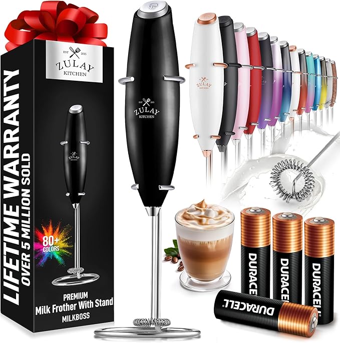 Zulay Kitchen Powerful Milk Frother Wand With 4 AA Duracell Batteries - Ultra Fast Handheld Drink Mixer - Electric Whisk Foam Maker for Coffee, Lattes, Cappuccino, Matcha & Creamer - Metallic Black