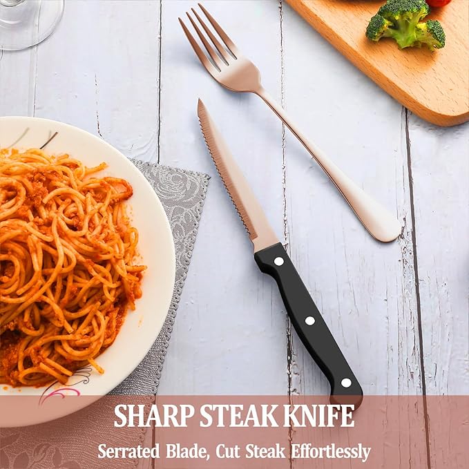 48 Pcs Rose Gold Silverware Set with Steak Knives Service for 8,Stainless Steel Flatware Set,Mirror Polished Cutlery Utensil Set, Kitchen Eating Tableware,Include Fork Knife Spoon Set,Dishwasher Safe