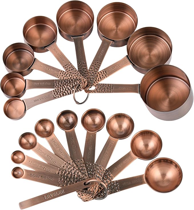 Copper Plated Measuring Cups and Spoons set 18 for Dry & Liquid, Metric & US Stainless Steel Measuring Cup and Spoon Set with Leveler for Baking & Kitchen