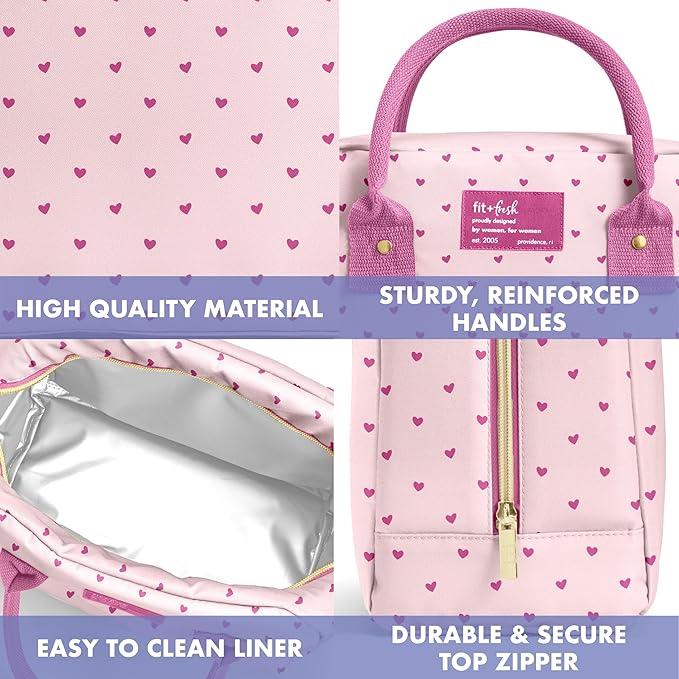 Fit & Fresh Bloomington Lunch Bag for Women - Insulated Large Lunch Box for Work with Containers, Leak-Resistant, Stain-Resistant, Zipper Closure, Tiny Pink Hearts