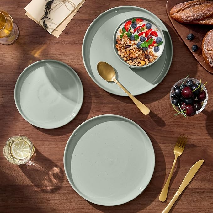 E-far 24-Piece Stoneware Dinnerware Sets, Plates and Bowls Sets for 8, Ceramic Dishware Dishes Set with Terracotta Base, Chip & Scratch Resistant, Microwave & Dishwasher Safe, Speckled Green