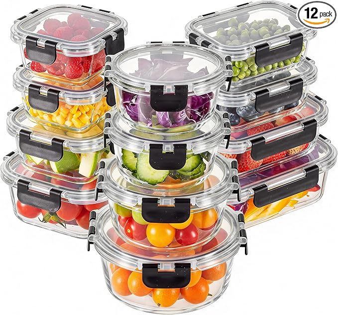Liuruiyu 12 Pack Glass Food Storage Containers with Lids, Meal Prep Containers, Airtight Bento Boxes with Leak Proof Locking for Microwave, Oven, Freezer and Dishwasher, BPA Free