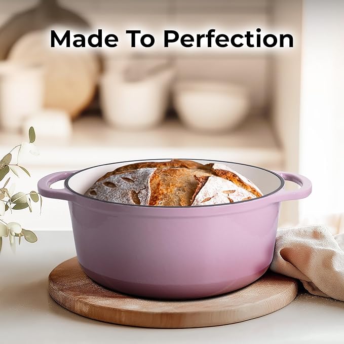 Zulay Kitchen 6 Quart Enameled Cast Iron Dutch Oven Pot with Lid – Premium Durability & Oven Safe up to 500°F – Heavy Duty Cookware Perfect for Bread Baking, Stews, Braising & Roasting - Pink