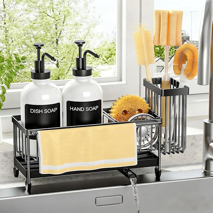 Kitchen Soap Dispenser Set with Sponge Holder and Towel Rack, 17OZ Glass Bottle, Hand and Dish Soap Dispenser Set, Non-Slip Silicone Pad, Brush Holder, Kitchen Sink Caddy Organizer Countertop (White)