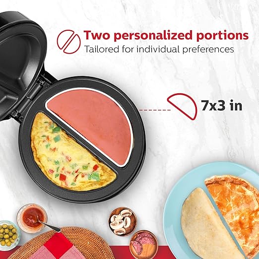 Holstein Housewares Stainless Steel 2 Section Omelet&Frittata Maker,Non Stick Coating,Easy To Clean,Indicator Lights,Compact Storage,Prepare Versatile Recipes in Minutes. 2 Portions,Black,(Pack of 6)