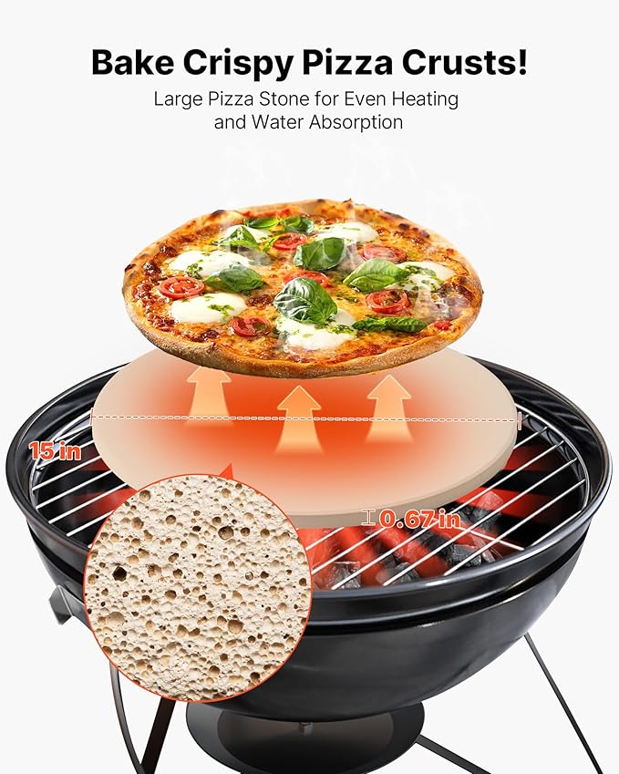 VEVOR Pizza Stone, 15 in Round Pizza Stone, 0.67 in Large Cordierite Baking-Stone with Metal Peel, Scrape, 1450℉ Heat-Resistant Cooking Stones, for Kitchen Oven, Baking Pizzas, BBQ Grill