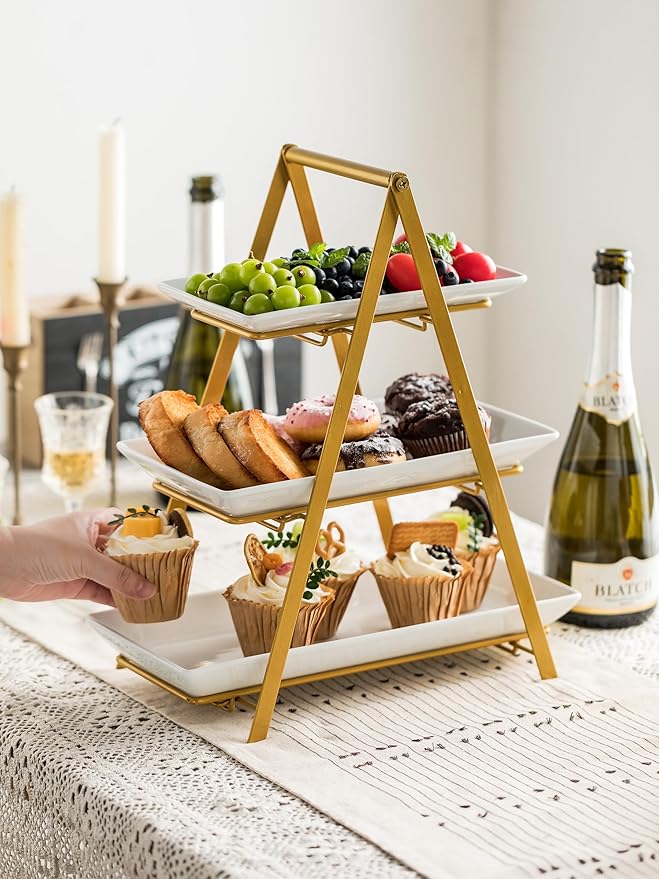 YHOSSEUN 3 Tier Serving Tray, Porcelain Tiered Tray Stand, 10+12+14 Inch Serving Platters and Trays with Collapsible Sturdier Rack, 3 Tiered Serving Stand Dessert Stands Treat Table Display Set, Gold