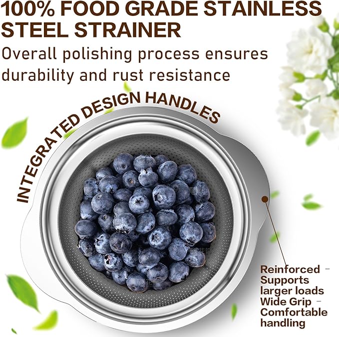 Stainless Steel Strainers for Kitchen, Stainless Steel Colander, Kitchen Strainer for Pasta Fruit Veggie Hot Food, 2 Pack Strainers and Colanders(2QT & 3QT), Dishwasher Safe, Silver