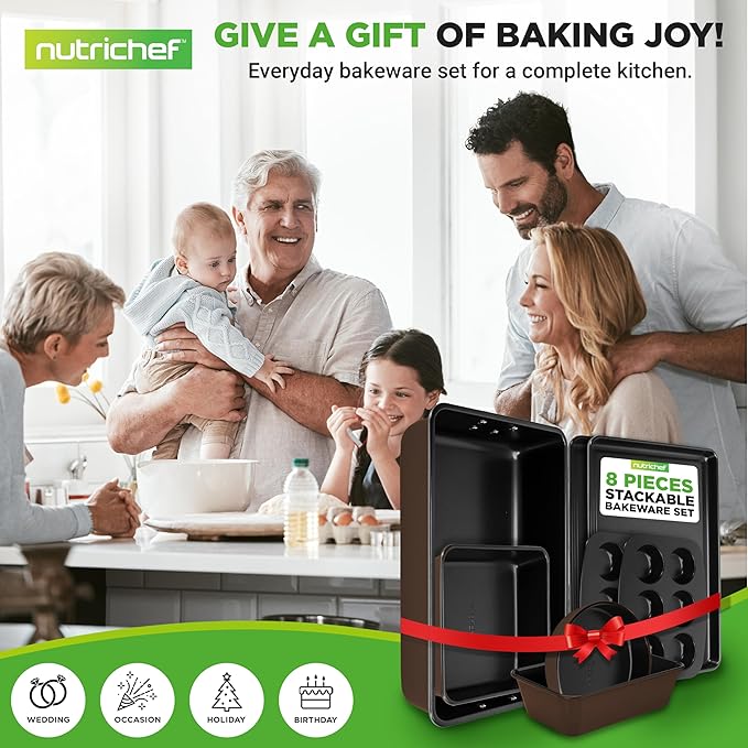 NutriChef 8-Piece Nonstick Stackable Bakeware Set – Non Toxic Carbon Steel Baking Trays W/Cookies Sheet Muffin, Loaf, Cake, Round & Square Pan – Easy To clean & Easy to Release, Oven Safe – Brown