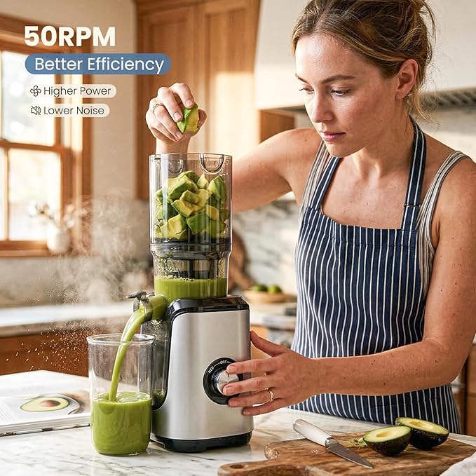 DUMOS Masticating Juicer Machines, Cold Press Juicer with 4.25" Wide Feed Chute, High Juice Yield for Whole Vegetables & Fruits, Easy to Clean, Silver