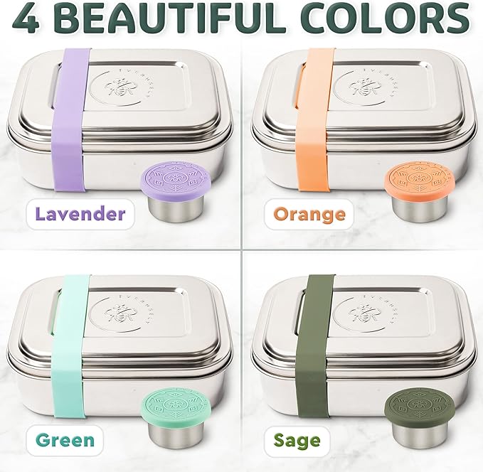 Everusely - Bento Box - Green, 60oz / 1.8 L - Extra Large Stainless Steel Lunch Box + Leakproof Condiment Container - 3 Compartment Snack Organizer for On the Go Meals - Freezer & Dishwasher Safe
