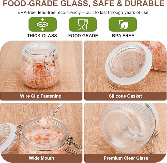 17oz Airtight Glass Jar with Lid, 6 Pack Clamp Lid Glass Storage Jars, Flip Top Food Storage Containers, Wide Mouth Thick Glass Jars for Yogurt Dessert Jam Sugar Snacks Pantry Kitchen Organization