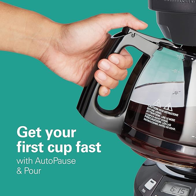 Hamilton Beach 12 Cup Programmable Drip Coffee Maker Machine, Regular & Bold Brew Options, Auto Pause and Pour, Glass Carafe, Black Stainless (46293J)