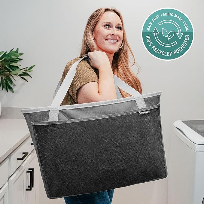 CleverMade Collapsible Tote Basket MAX (64L) – Extra Large Foldable Carry-All Storage Bin with Front Pocket, 60 lb Capacity Laundry Basket for Home, Dorm, RV & Trunk Organization