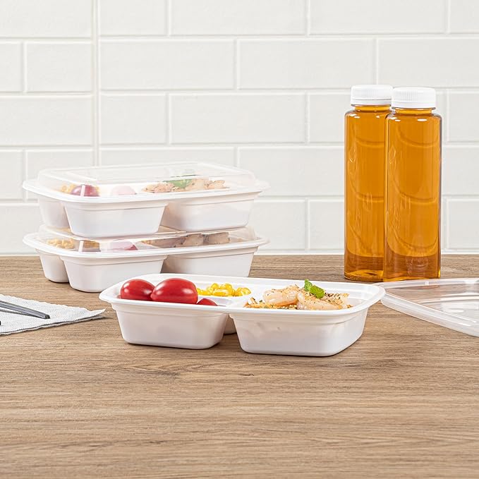 Asporto 26 Ounce Compartment Take Out Boxes, 50 Microwavable Meal Prep Containers - 3 Compartments, With Clear Plastic Lids, White Plastic Food Containers, Do Not Contain BPA - Restaurantware