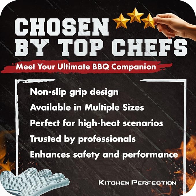 KITCHEN PERFECTION XL Silicone Smoker Oven Gloves-Extreme Heat Resistant BBQ Gloves-Handle Hot Food Right on Your Grill Fryer&Pit|Waterproof Grilling Cooking Baking Mitts|Superior Value Set+3 Bonuses