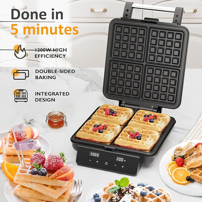 Sunvivi Waffle Maker 4 Slices with Quick Heat-Up, Time & Temperature Control, LCD Display, Nonstick Surface, Stainless Steel, Perfect Waffle Iron for Kids and Families, Black