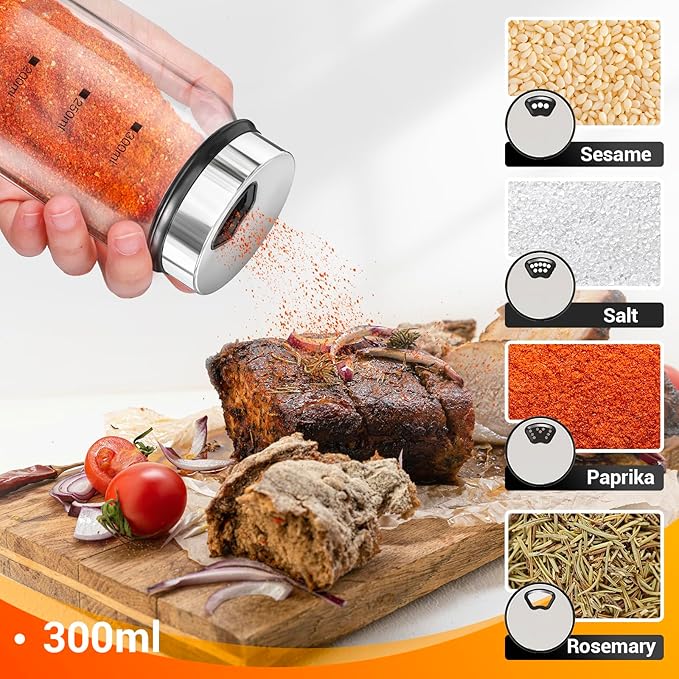 Segarty 10oz Glass Spice Jar with Adjustable Pour Holes Scale Lines, 1 Pack Empty Seasoning Bottle with Shaker Lid for Pepper Sugar, Large Spices Container with 8 Stickers, 1 Brush and 1 Chalk Marker