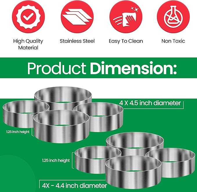 NOSSIDO 8-Piece 304 Stainless Steel Burger Bun Ring Mold Set - 4.5" & 4.4" Diameter - Perfect for Buns, Eggs, Pancakes, Mini Quiches, Desserts, and More | Durable, Versatile, and Ideal for Professional & Home Kitchens