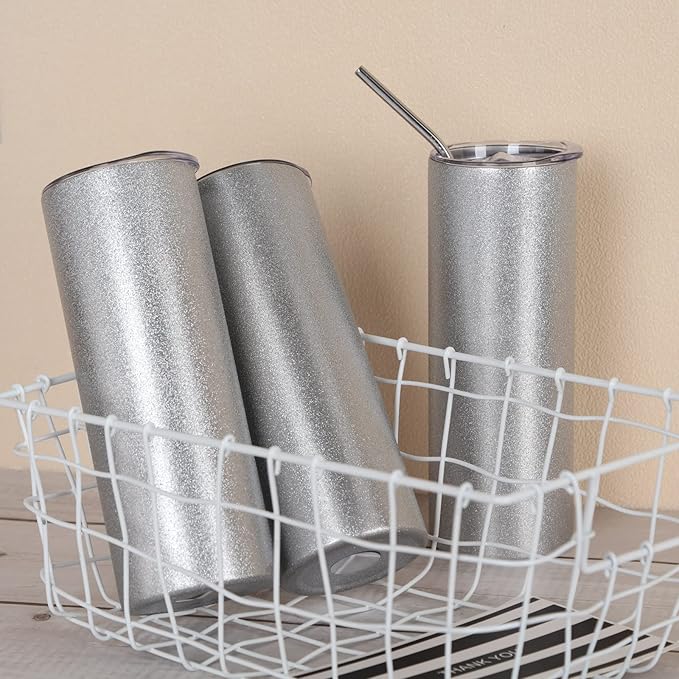 Glitter Sublimation Tumblers 20 Oz Skinny Straight, 8 Pack Sublimation Glitter Skinny Tumbler Blanks, Insulated Stainless Steel Tumbler, Silver