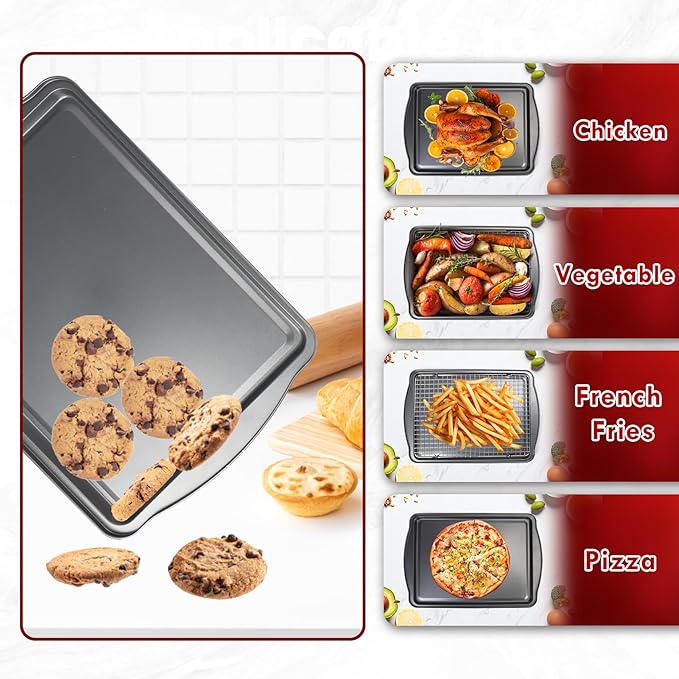 ShineMe Baking Sheet Pan with Cooling Rack 3 Pack, Nonstick Sheet Pan with Wire Rack and Silicone Pastry Brush, Carbon Steel Baking Pans for Cookie, Bacon and Vegetables 17x12x0.5in