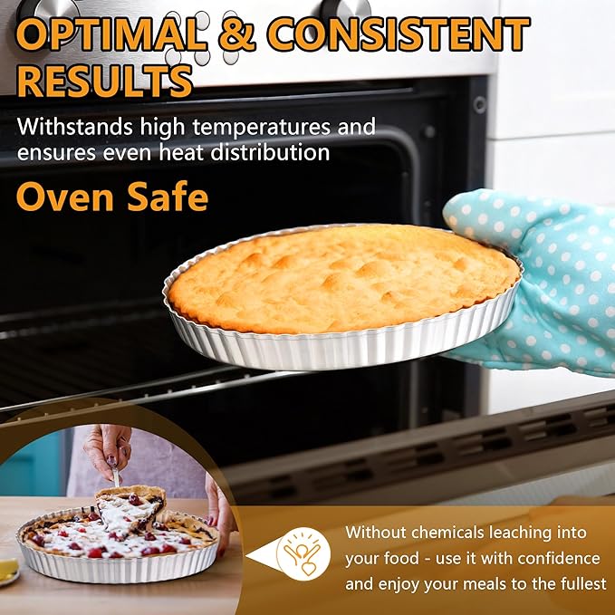 TeamFar 2 Pack Tart Pans, 9.5 Inch Stainless Steel Round Tart Pie Pan, Metal Quiche Baking Dish with Fluted Side for Baking Fruit Tarts, Quiches, Pies, Mousse Cakes, Heavy Duty & Dishwasher Safe