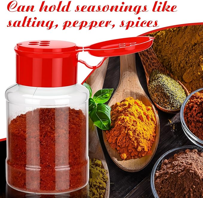 Amyhill 100 Pcs Plastic Spice Bottles Spice Jars with Red Cap Seasoning Jars Shaker 2 Oz/ 60ml Clear Bottle Containers with Shaker Lids for Storing for Spices, Herbs, Powders, Glitters Supplies